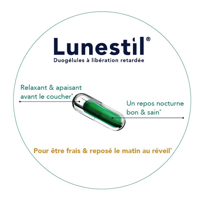 Lunestil contient ingrédients puissants Lunestil contient ingrédients puissants, à savoir la lavande, l’extrait de passiflore, la vitamine B6 et la mélatonine, qui garantissent une bonne nuit de repos.
