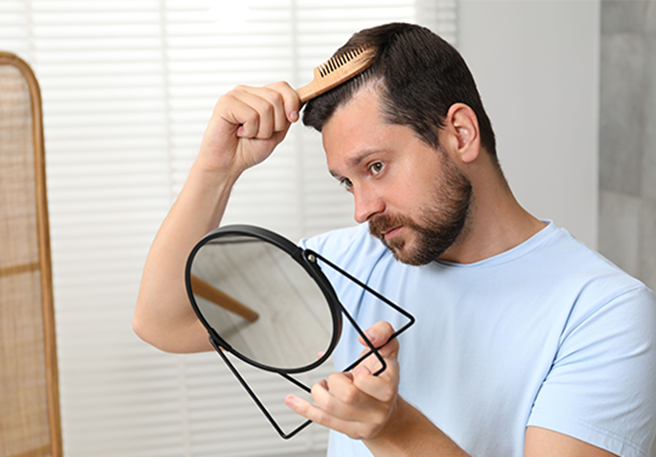 Une femme brosse ses cheveux sains et brillants après avoir utilisé des vitamines contre la chute des cheveux